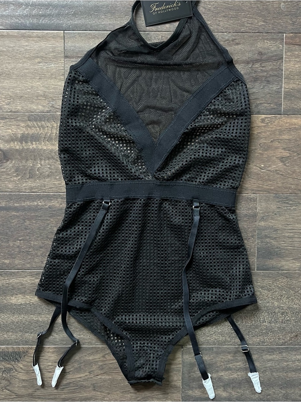 NWT Fredericks of Hollywood Black Mesh Garter Teddy